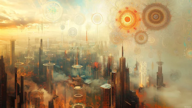 Dreamy view of Abstract Cityscape surrounded by radiant patterns and fog.