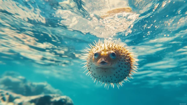 Drifting calmly in clear water surrounded by soft blue hues is a close up of a pufferfish in the ocean, its spiky body inflated.