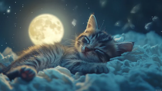 Drifting gently in a dream, the Curious Kitten smiles under the gentle moonlight.