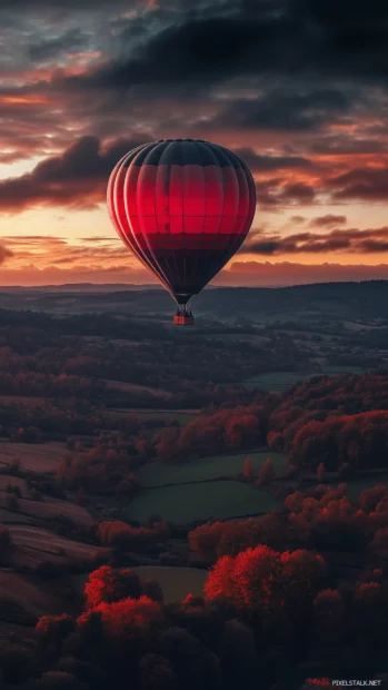 Drifting over a scenic valley, a colorful hot air balloon catches the golden glow of a radiant sunrise.
