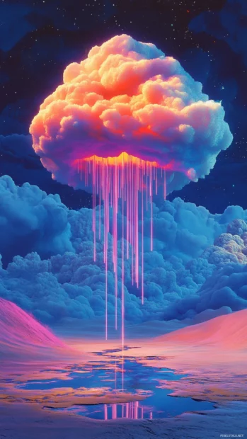 Dripping neon clouds over a desert of mirrors, exploring the bounds of trippy imagination.