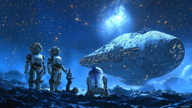 Droids repairing a ship under starlight in outer space.