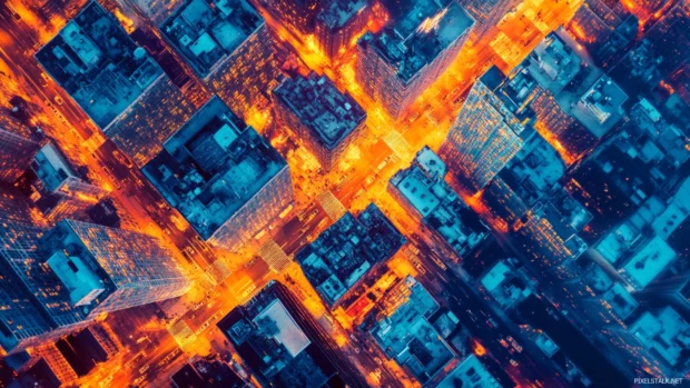 Drone eye view of a cyberpunk city at dusk, neon veins running through the concrete arteries of the metropolis.