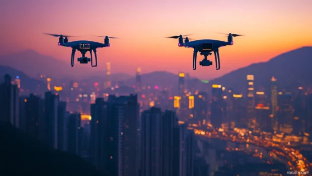 Drone surveillance over a sprawling cyberpunk megacity skyline during twilight.