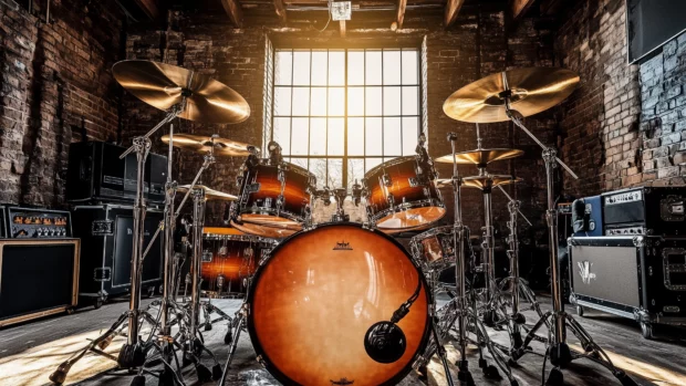 Drum kit, studio, instruments, recording gear, energetic atmosphere.
