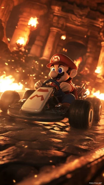 Dry Bones skids through ancient ruins lit by glowing torches in Mario Kart night mode.