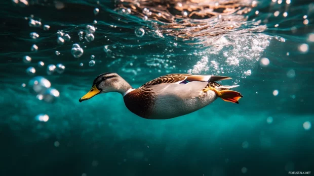 Duck desktop wallpaper featuring a single duck diving underwater with bubbles and ripples around.