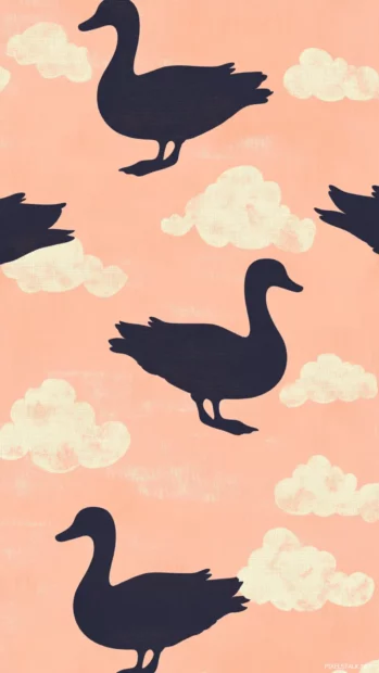Duck silhouettes in cloud shapes repeating smoothly over a peach colored fabric texture.
