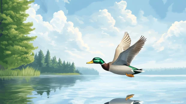 Duck wallpaper featuring a peaceful lake scene with a mallard duck gliding across the water surface.