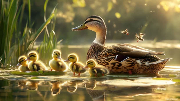 Duck wallpaper showcasing a mother duck leading her ducklings through reeds and lily pads.