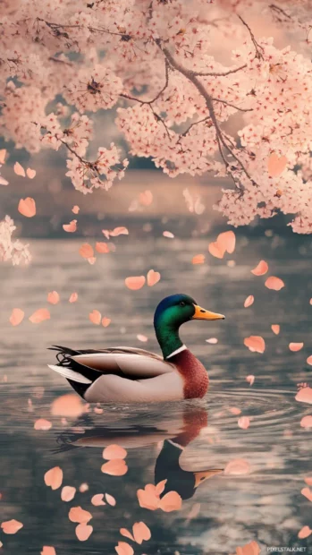 Duck wallpaper with a scenic view of a lone duck floating through cherry blossom petals.