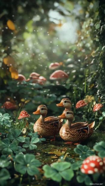 Ducks surrounded by mushrooms and clovers in a forest style aesthetic background.