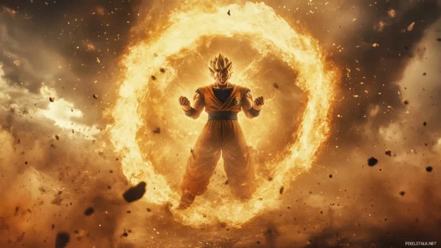 Dust and debris circle around Goku as he channels power into one fist.