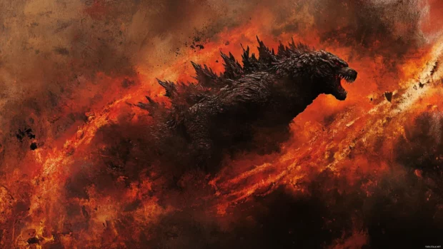Dust and flame trail behind Shin Godzillas path of ruin.