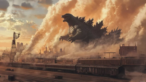 Dust clouds rise as Godzilla steps into the ruins of a train yard.