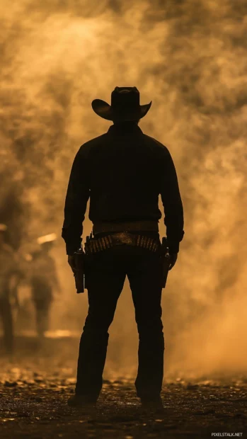 Dust storm nears as cowboy faces saloon, hands steady on his belt.