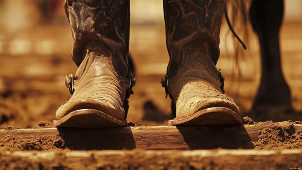 Dusty cowboy boots resting on wooden stirrups, life on the range wear.