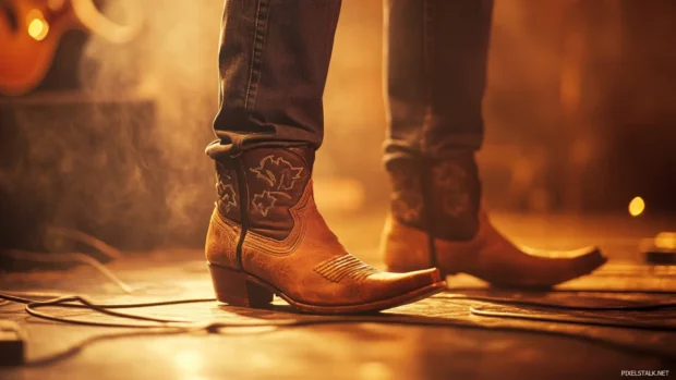Dusty cowboy boots tapping to country rhythm captured in Country singer on stage wallpaper.