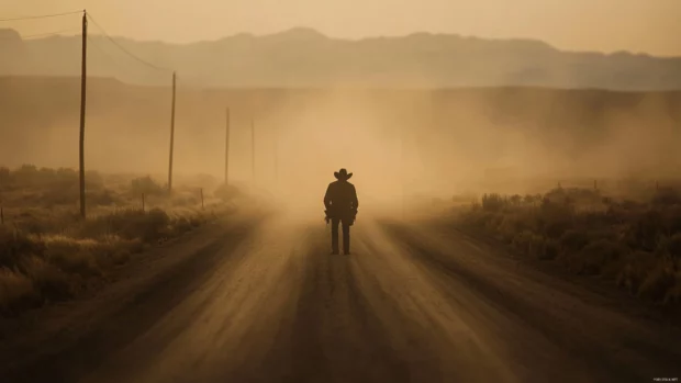 Dusty road with cowboy silhouette fading into distance.