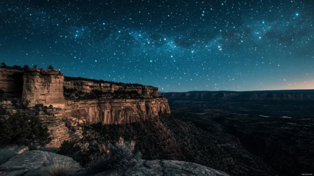 Dusty trails of constellations winding over rugged cliffs, setting the perfect backdrop for 4k starry night desktop background.