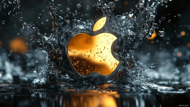 Dynamic Apple logo emerging from liquid metal effects, ultra HD.