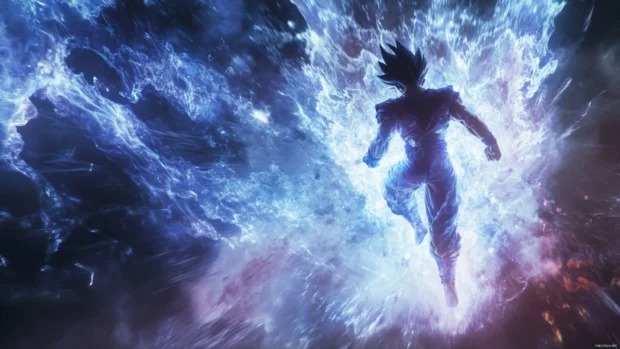 Dynamic Goku ultra instinct image showing him landing silently with a shockwave expanding outward.