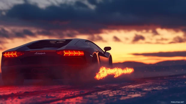 Dynamic Lamborghini Aventador Desktop wallpaper showing rear exhaust flames under a twilight sky.