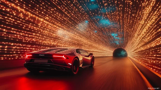 Dynamic Lamborghini Huracan wallpaper with the car launching under a tunnel of LED beams.