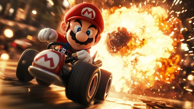 Dynamic Mario Kart Wallpaper with slow motion shell explosion and Mario dodging impact.