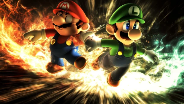 Dynamic Mario and Luigi Wallpaper where they dodge fireballs and dash through warp pipes.