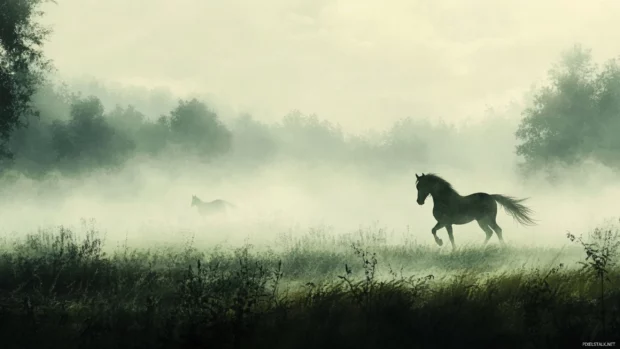 Dynamic Moving Animals Wallpapers capturing horses galloping across a misty field.