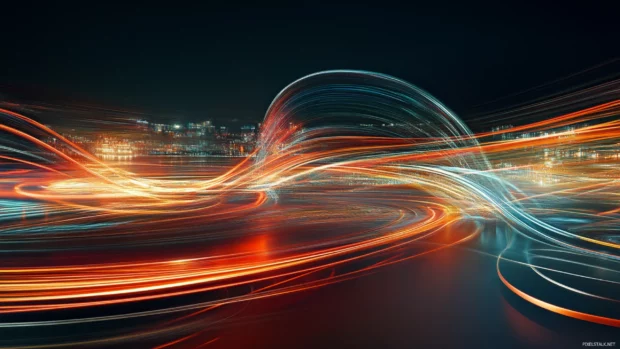 Dynamic Moving Desktop Wallpapers with light trails weaving through futuristic cityscapes.