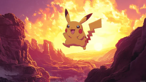 Dynamic Pikachu Wallpaper 4Kp with Pikachu mid leap over cliffs lit by a glowing sky.
