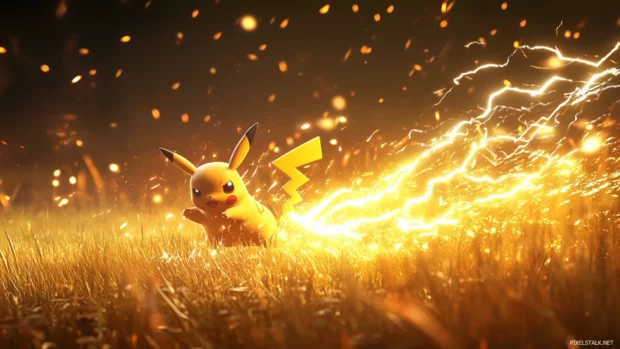 Dynamic Pikachu Wallpaper showing Pikachu running through a field with lightning trailing behind.