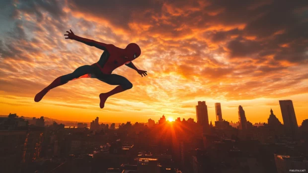 Dynamic Spider Man aerial flip with dramatic sunset backdrop.