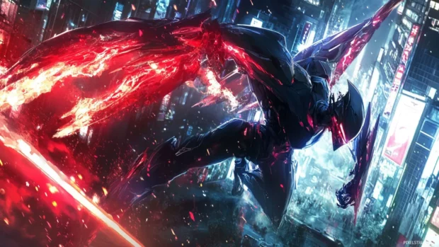 Dynamic anime robot battle in the city, anime PC wallpapers download.