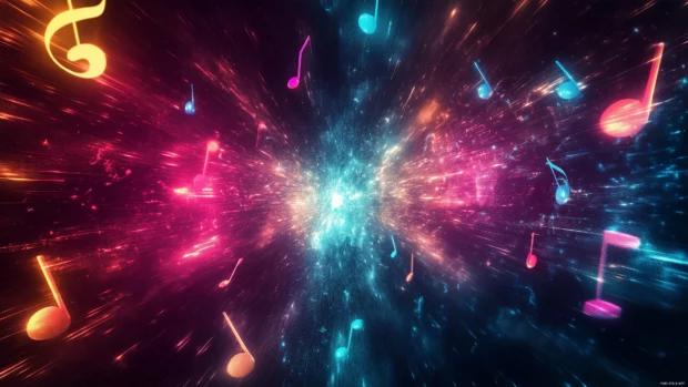 Dynamic burst of colorful music notes from center generating rhythm and energy.