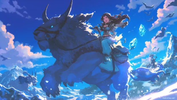 Dynamic cartoon wallpaper HD for desktop computer where characters ride magical beasts.