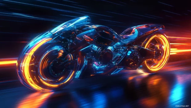 Dynamic cyberpunk action scene with a neon lit motorcycle chase, designed for cyberpunk desktop wallpapers resolution.