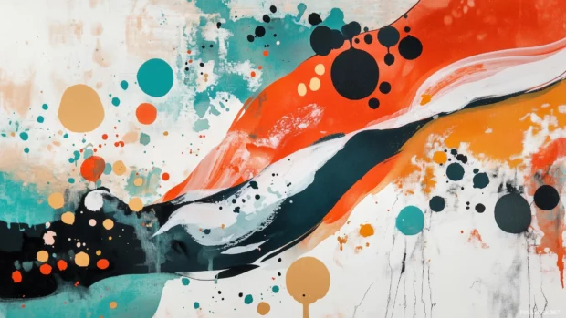 Dynamic, fluid shapes on an abstract watercolor background.