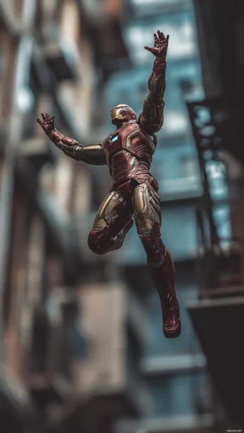 Dynamic pose of Iron Man launching from Stark Tower.