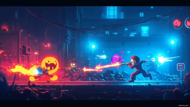 Dynamic retro wallpaper, pixel enemies and heroes, side scrolling battle, neon highlights.