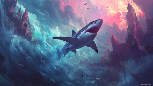 Dynamic shark breaching surface in vivid desktop wallpaper.