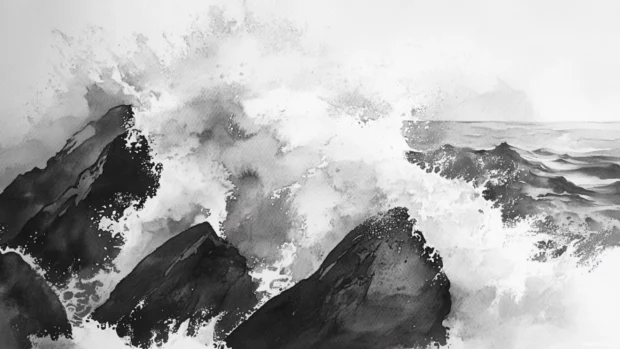 Dynamic waves crashing against rocks, rendered in expressive black and white watercolor.