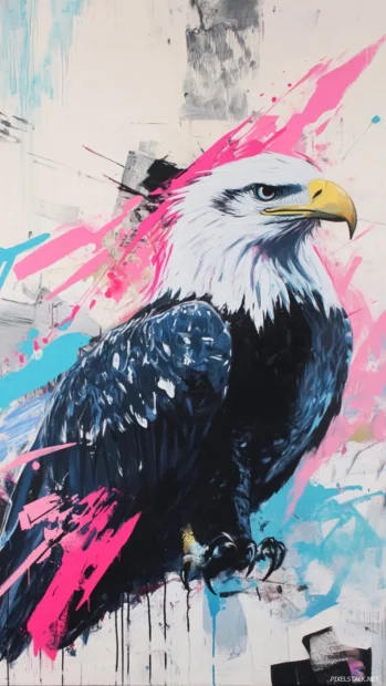 Eagle with trails of pink and blue flying across graffiti skyline.