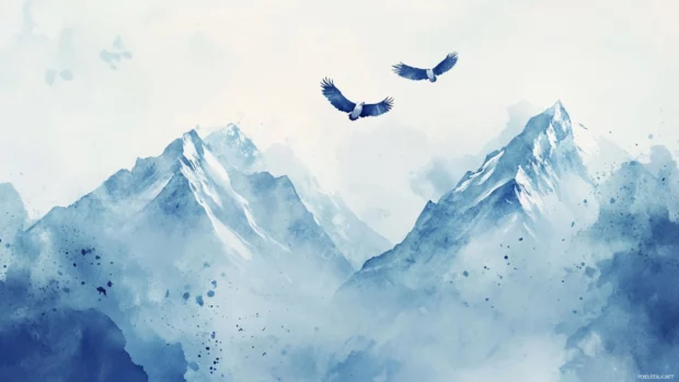 Eagles soaring high above snow capped watercolor mountain peaks.