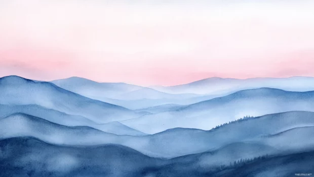 Early morning mist blanketing watercolor hills with muted pink and blue tones.