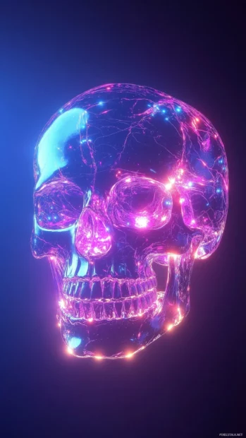Edgy neon blue skull, pink purple highlights, glowing edges, dark background.