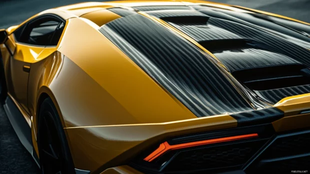 Editorial Lamborghini Huracan HD wallpaper showing a yellow Huracan with carbon fiber accents.