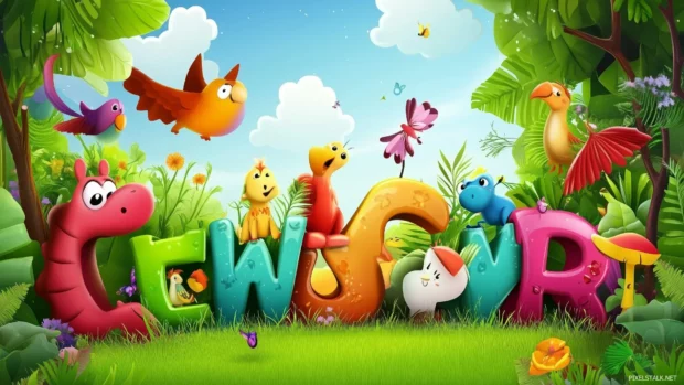Educational themed wallpaper for kids featuring alphabet letters, numbers, and cute animal characters, in a colorful and engaging style.